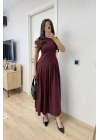 Asimetrik düşük yaka Kolsuz Uzun Elbise - Bordo