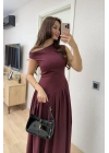 Asimetrik düşük yaka Kolsuz Uzun Elbise - Bordo