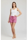 Bambu Fitilli Kadın Ev Şortu Bacak Dantel Detaylı Ev Giyim Fuşya