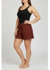 Bambu Fitilli Kadın Ev Şortu Bacak Dantel Detaylı Ev Giyim Koyu Taba