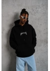 Baskılı Kapüşonlu ve Kanguru Cepli Sweat - Siyah -