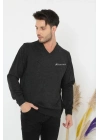 Baskılı V Yaka Uzun Kol Dokuma Triko - Füme -