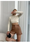 Beli lastikli deri şort kahve H24605