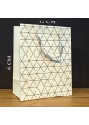 Beyaz Geometrik Desenli Mini Boy Karton Hediye Çantası