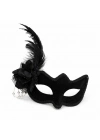 Beyaz İnci Detaylı Siyah Süet Venedik Kadın Maskesi Tüylü Güllü