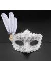 Beyaz Renk Tüylü Dantelli Taşlı Balo Maskesi