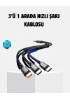 ® 3 Başlıklı Hızlı Şarj Kablosu Metal Alaşımlı Dayanıklı ve Akıllı Çipli