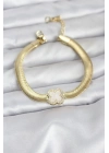 ® 316L Çelik Gold Renk Beyaz Yonca Model Zirkon Taşlı Yılan Zincirli Kadın Bileklik