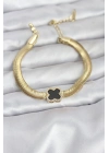 ® 316L Çelik Gold Renk Siyah Yonca Model Zirkon Taşlı Yılan Zincirli Kadın Bileklik