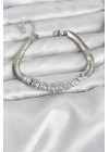 ® 316L Çelik Gümüş Renk Kare Zirkon Taşlı Yılan Zincirli Kadın Bileklik
