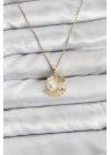 ® 316L Çelik Zincir Gold Renk İstiridye İnci Model Zirkon Taşlı Kadın Kolye