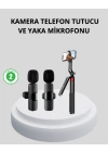 ® Kablosuz Çift Yaka Mikrofonu ve Tripodlu Selfie Çubuğu İçerik Üretici Seti