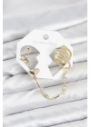 ® Kalp Yıldız Model Pirinç Gold Renk Zincir Bağlantılı Ear Cuff Küpe Seti
