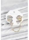 ® Pirinç Gold Renk Kalp Model Zincir Bağlantılı Ear Cuff Küpe Seti