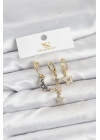 ® Pirinç Gold Renk Zirkon Taşlı Ay ve Yıldız Model YSX Trio Küpe Seti