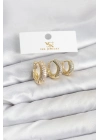 ® Pirinç Gold Renk Zirkon Taşlı Halka Model YSX Trio Küpe Seti