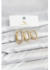 ® Pirinç Gold Renk Zirkon Taşlı Halka Model YSX Trio Küpe Seti