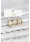 ® Pirinç Gold Renk Zirkon Taşlı Petek Halka Model YSX Trio Küpe Seti