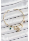 ® Pirinç Zirkon Taşlı Güneş Ay Nazar Model Gold Renk Charm Bileklik