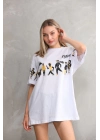 Bisiklet Yaka Baskılı Oversize T-Shirt - Beyaz -