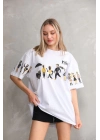 Bisiklet Yaka Baskılı Oversize T-Shirt - Beyaz -