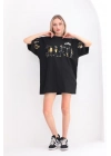 Bisiklet Yaka Baskılı Oversize T-Shirt - Siyah -