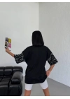 Bisiklet Yaka Baskılı Oversize T-Shirt - Siyah -