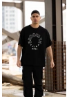 Bisiklet Yaka Baskılı Oversize T-Shirt - Siyah -