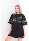 Bisiklet Yaka Baskılı Oversize T-Shirt - Siyah -