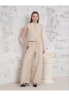 Broşlu yelek pantolon takım bej s255821