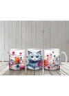Çiçeklerle Süslenmiş Tatlı Kedi – Baskılı Kahve Kupası