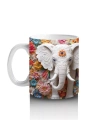 Çiçekli Arka Planda Fildişi Renkli Fil Figürü – Baskılı Kahve Kupası