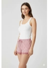 Çizgili Penye Kadın Ev Şortu Bacak Dantel Detaylı Ev Giyim Fuşya