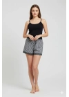 Çizgili Penye Kadın Ev Şortu Bacak Dantel Detaylı Ev Giyim Siyah