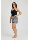 Çizgili Penye Kadın Ev Şortu Bacak Dantel Detaylı Ev Giyim Siyah