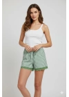 Çizgili Penye Kadın Ev Şortu Bacak Dantel Detaylı Ev Giyim Yeşil
