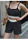 Çizgili şortlu takım siyah s3978