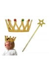 Çocuk Boy Kraliçe Prenses Tacı Ve Yıldız Peri Asası Altın Renk