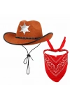 Çocuk Kovboy Şapka Rozetli Kahverengi & Kırmızı Bandana Fular Seti