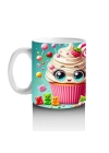 Çocuklara Sütü Sevdiren Gözleri Gülen Renkli Cupcake ve Şekerlemeler Desenli Kupa Bardak