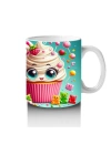 Çocuklara Sütü Sevdiren Gözleri Gülen Renkli Cupcake ve Şekerlemeler Desenli Kupa Bardak