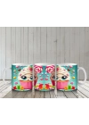 Çocuklara Sütü Sevdiren Gözleri Gülen Renkli Cupcake ve Şekerlemeler Desenli Kupa Bardak