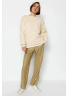 3 iplik şardonlu bisiklet yaka sweatshirt bej