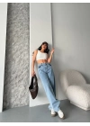 Baggy kar yıkama orta mavi jeans pantolon d2007