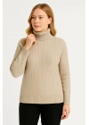 Balıkcı Yaka Bağazlı Triko Kazak Pamuklu Kalın Fitilli Dokuma - Bej