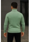 Balıkcı Yaka Bağazlı Triko Kazak Pamuklu Kalın Fitilli Dokuma, Regular Fit Uzun Kollu Kışlık Model - Mint Yeşili