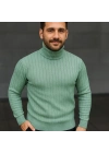 Balıkcı Yaka Bağazlı Triko Kazak Pamuklu Kalın Fitilli Dokuma, Regular Fit Uzun Kollu Kışlık Model - Mint Yeşili