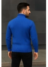 Balıkcı Yaka Bağazlı Triko Kazak Pamuklu Kalın Fitilli Dokuma, Regular Fit Uzun Kollu Kışlık Model - Saks Mavisi
