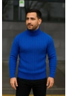 Balıkcı Yaka Bağazlı Triko Kazak Pamuklu Kalın Fitilli Dokuma, Regular Fit Uzun Kollu Kışlık Model - Saks Mavisi