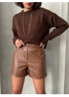 Beli lastikli çıtçıtlı deri şort kahve w241007